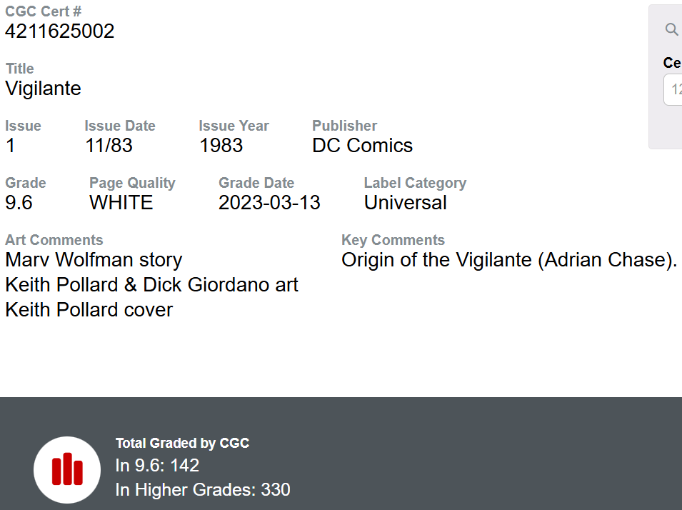 VIGILANTE #1 CGC 9.6 KEY ISSUE